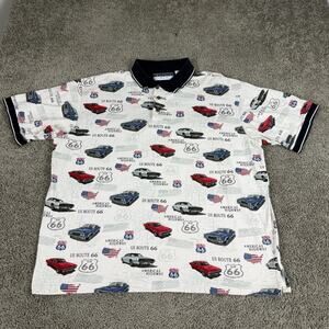 VINTAGE Route 66 Polo Shirt Mens Extra Large White Muscle Car All Over Print